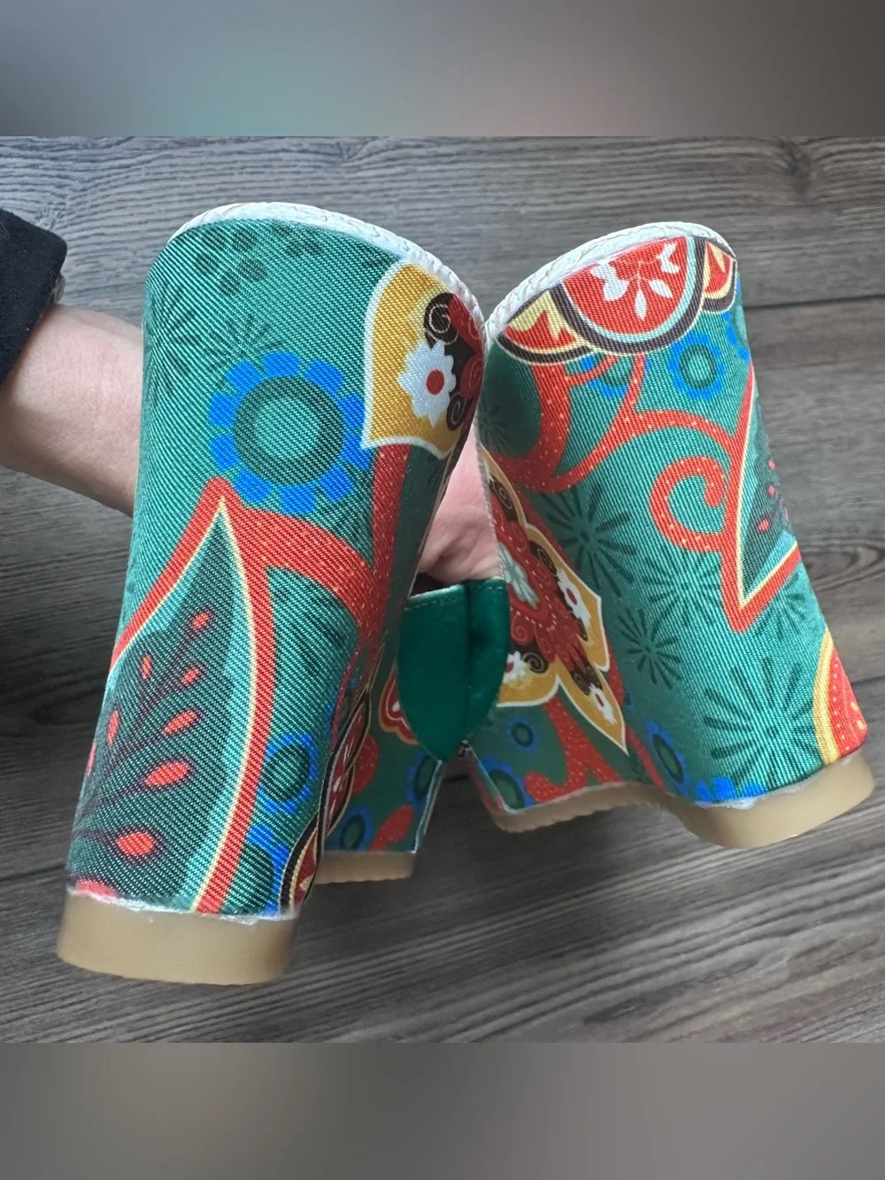 Floral Platform Wedge Sandals Green Faux Suede EU 39 US 8.5 Boho